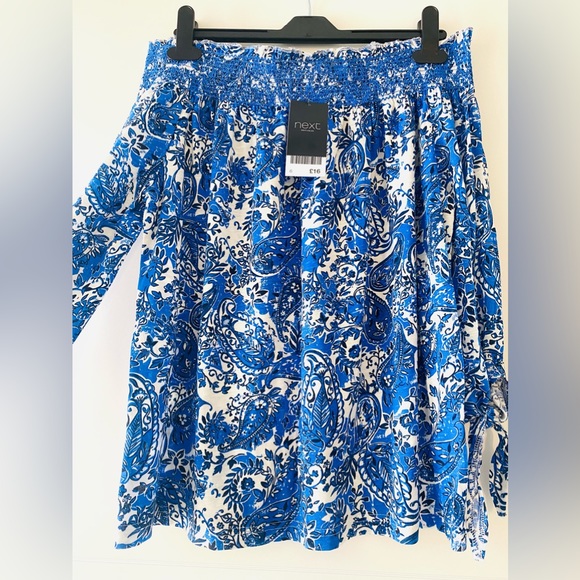 Next Blue White Mix Stretch Paisley Print Bardot Top Blouse Size 6 - Picture 2 of 7